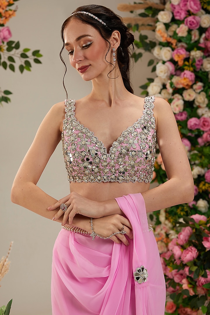 Pink Georgette Draped Party Wear Saree Set by Preeti S Kapoor at Pernia's Pop Up Shop
