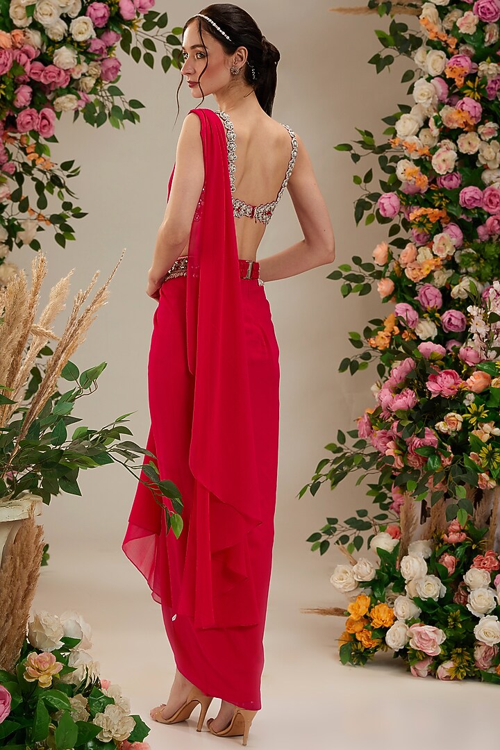 Hot Pink Georgette Draped Party Wear Saree Set by Preeti S Kapoor at Pernia's Pop Up Shop