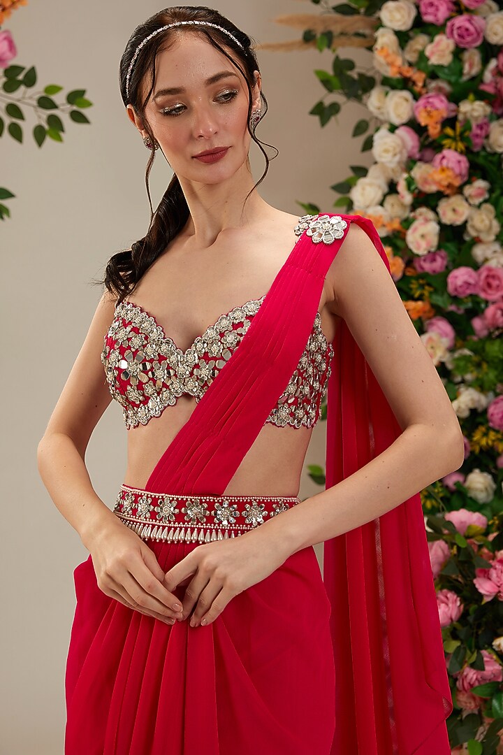 Hot Pink Georgette Draped Party Wear Saree Set by Preeti S Kapoor at Pernia's Pop Up Shop