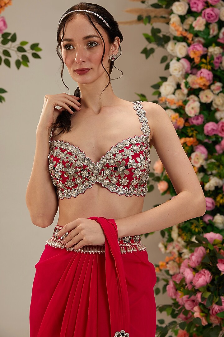 Hot Pink Georgette Draped Party Wear Saree Set by Preeti S Kapoor at Pernia's Pop Up Shop