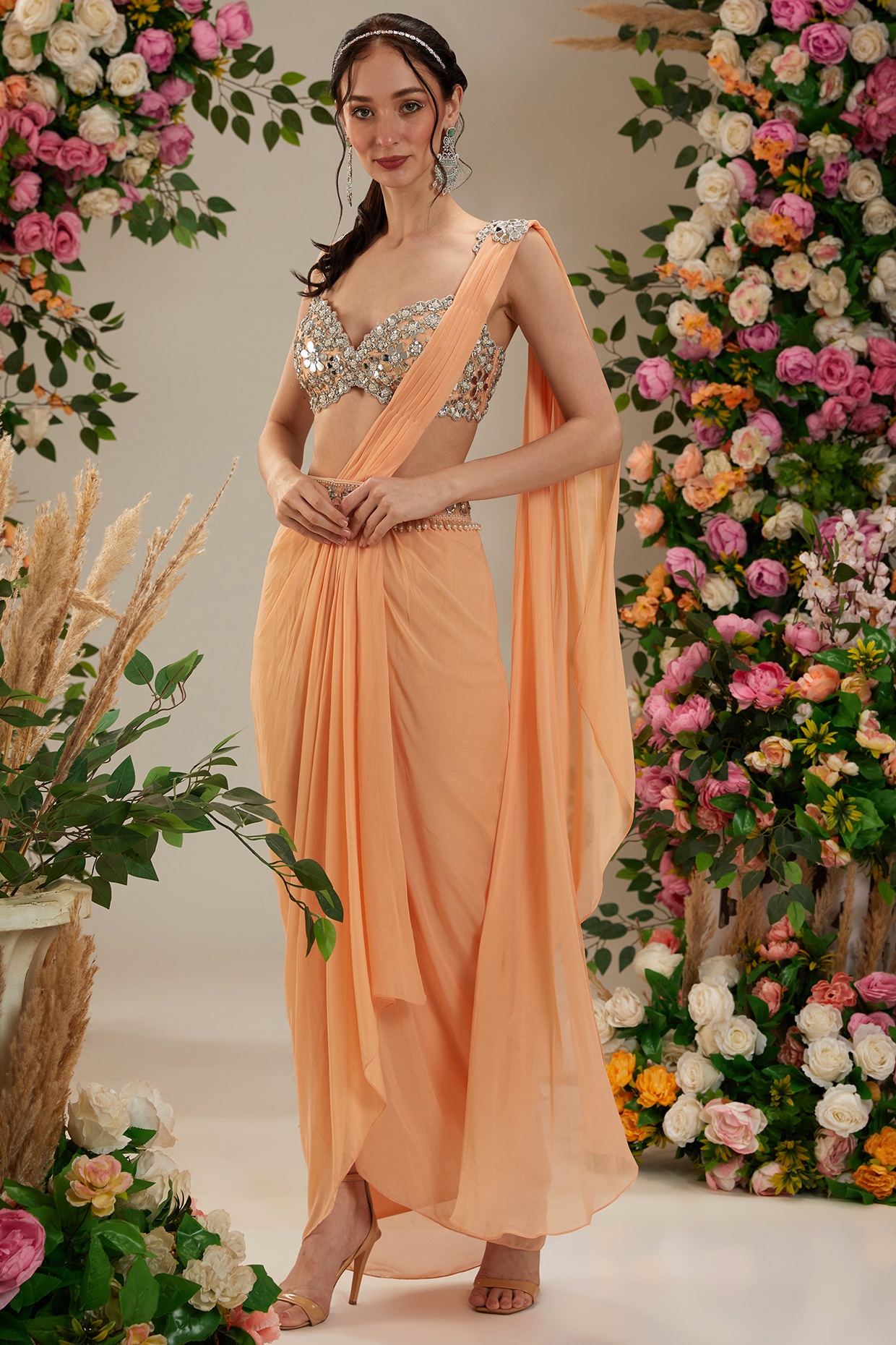 Peach Embroidered Wedding Saree In Art Silk 4783SR10