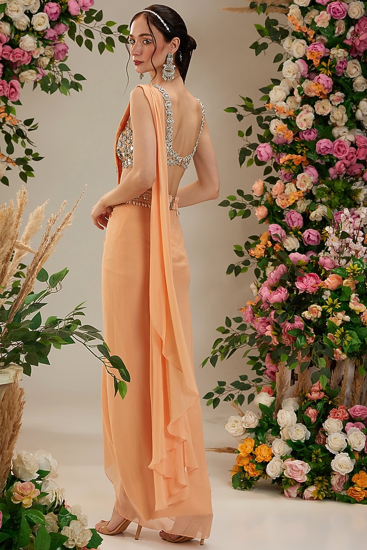 Light Peach Georgette Draped Party Wear Saree Set by Preeti S Kapoor at Pernia's Pop Up Shop