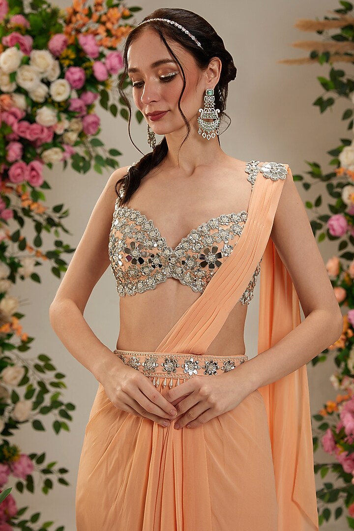 Light Peach Georgette Draped Party Wear Saree Set by Preeti S Kapoor at Pernia's Pop Up Shop