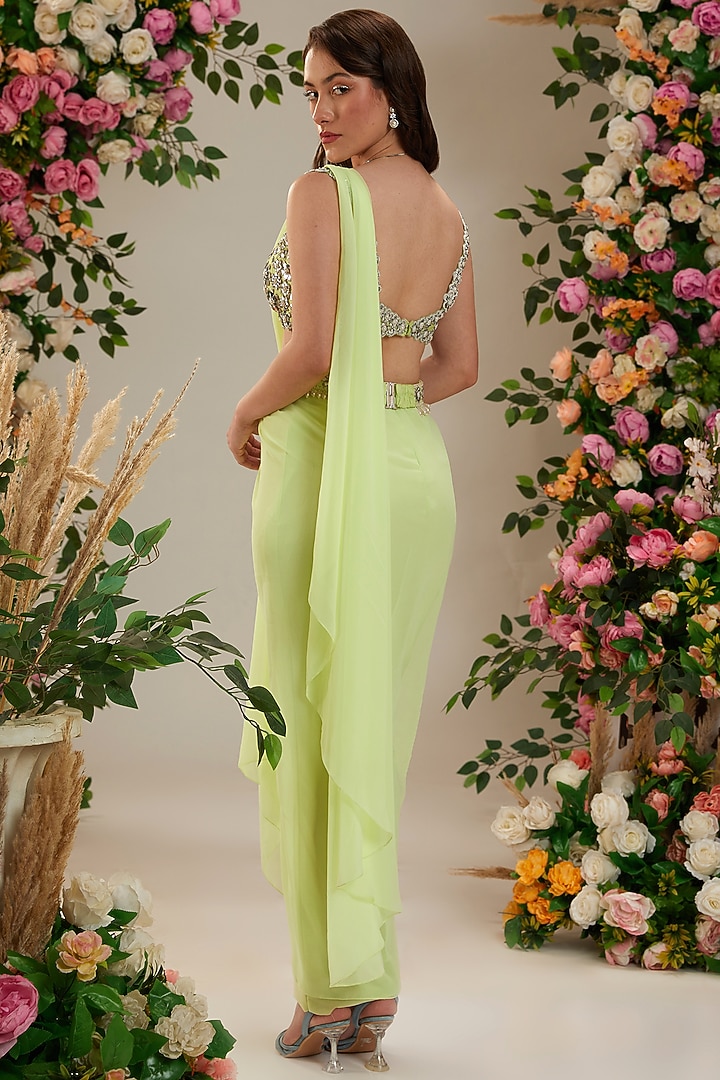 Lemon Yellow Georgette Draped Party Wear Saree Set by Preeti S Kapoor at Pernia's Pop Up Shop