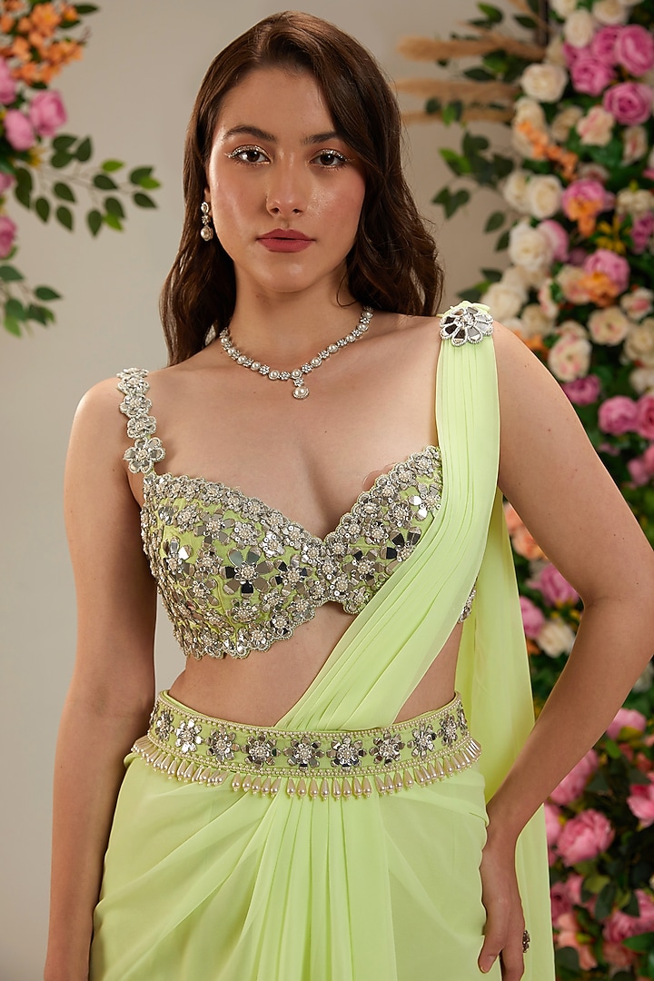Lemon Yellow Georgette Draped Party Wear Saree Set by Preeti S Kapoor at Pernia's Pop Up Shop