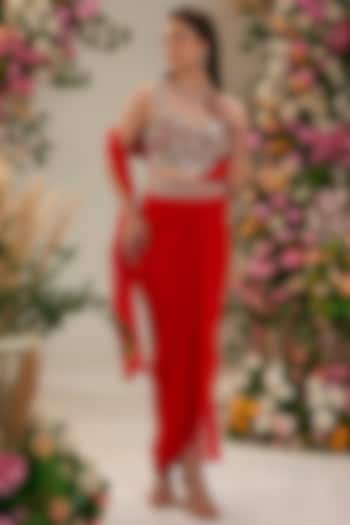 Cadmium Red Georgette Draped Saree Set by Preeti S Kapoor