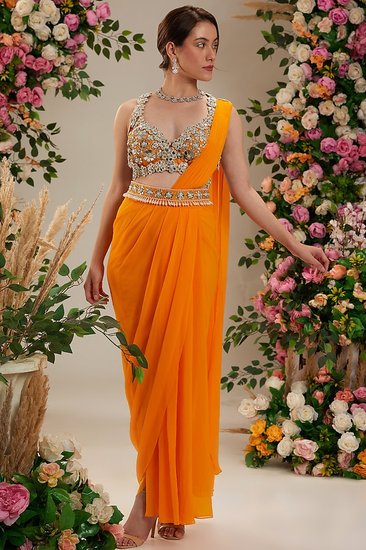 Orange Georgette Draped Saree Set by Preeti S Kapoor