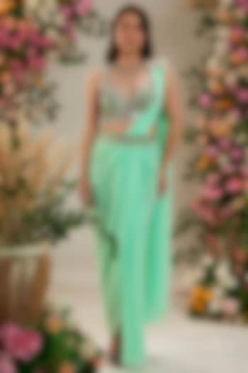 Aquamarine Green Georgette Draped Saree Set by Preeti S Kapoor