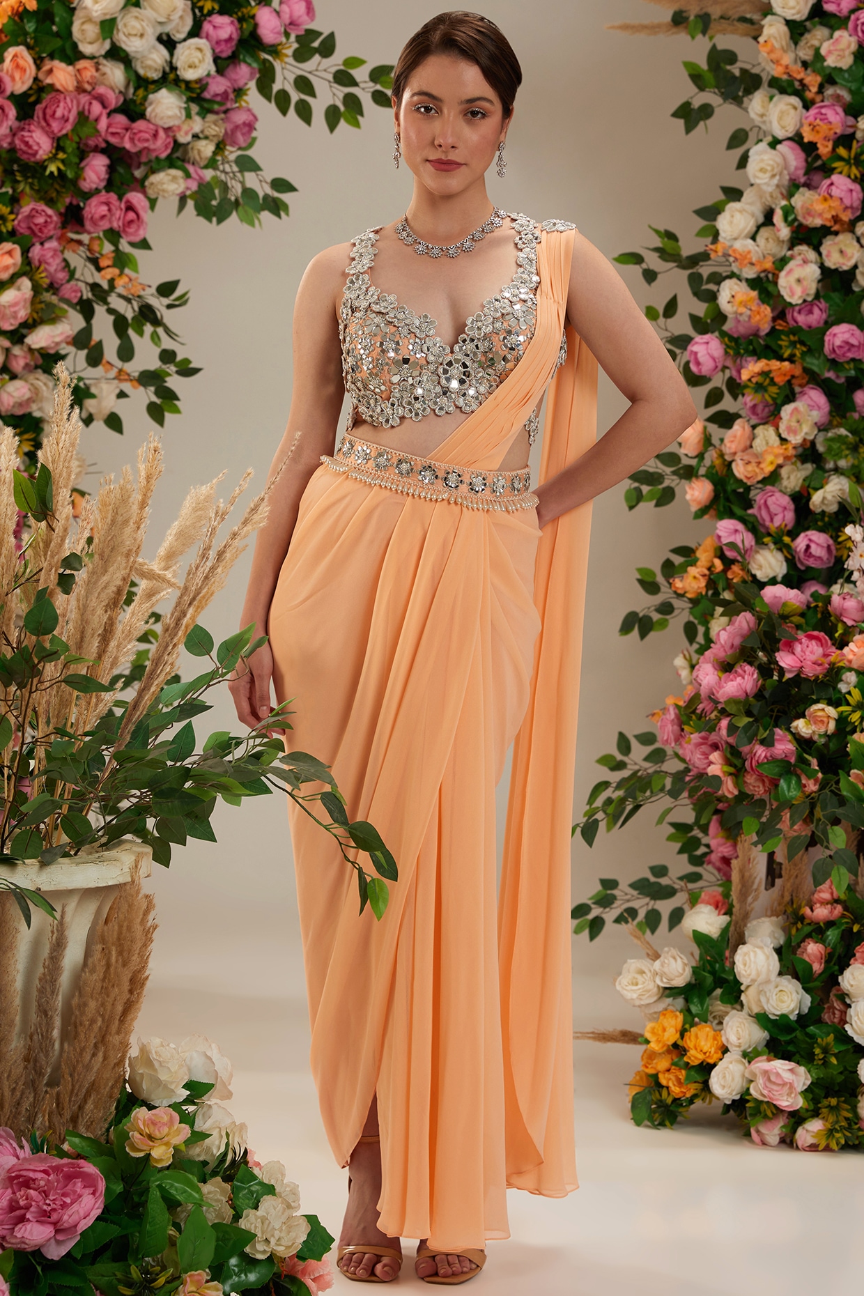 Half N Half Georgette Saree in Peach and Red : SPF10021