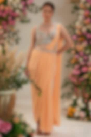 Peach Georgette Draped Saree Set by Preeti S Kapoor