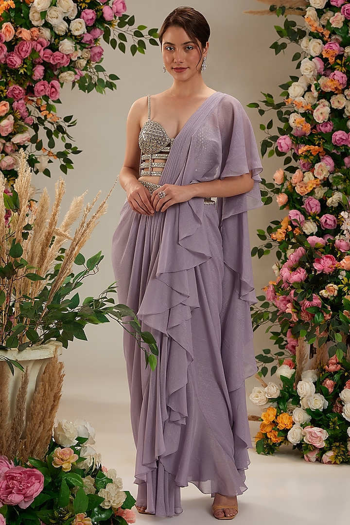 Lilac Shimmer Georgette Draped Saree Set by Preeti S Kapoor