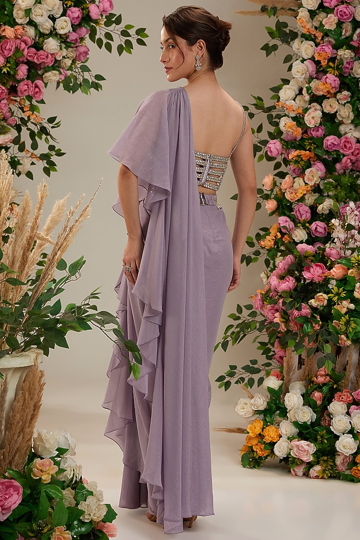Lilac Shimmer Georgette Draped Wedding Saree Set by Preeti S Kapoor at Pernia's Pop Up Shop