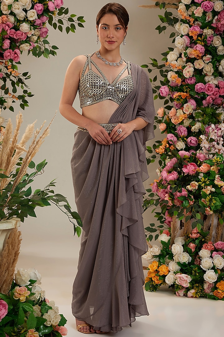 Grey Shimmer Georgette Draped Saree Set by Preeti S Kapoor