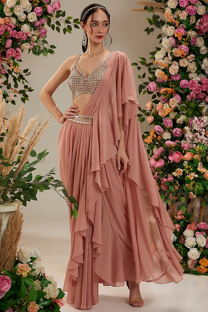 Peach Shimmer Georgette Draped Saree Set by Preeti S Kapoor