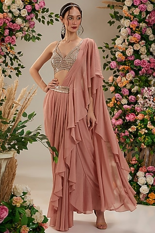 Peach Shimmer Georgette Draped Saree Set by Preeti S Kapoor