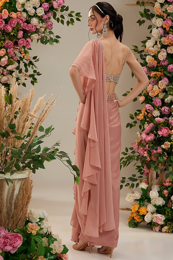 Peach Shimmer Georgette Draped Wedding Saree Set by Preeti S Kapoor at Pernia's Pop Up Shop