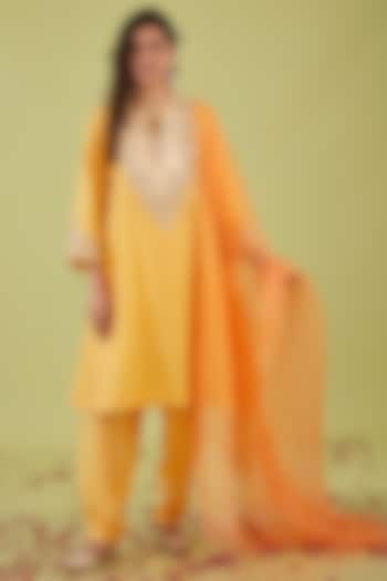 Yellow Chanderi Sequins Embroidered Short Kalidar Kurta Set by Preeti S Kapoor at Pernia's Pop Up Shop