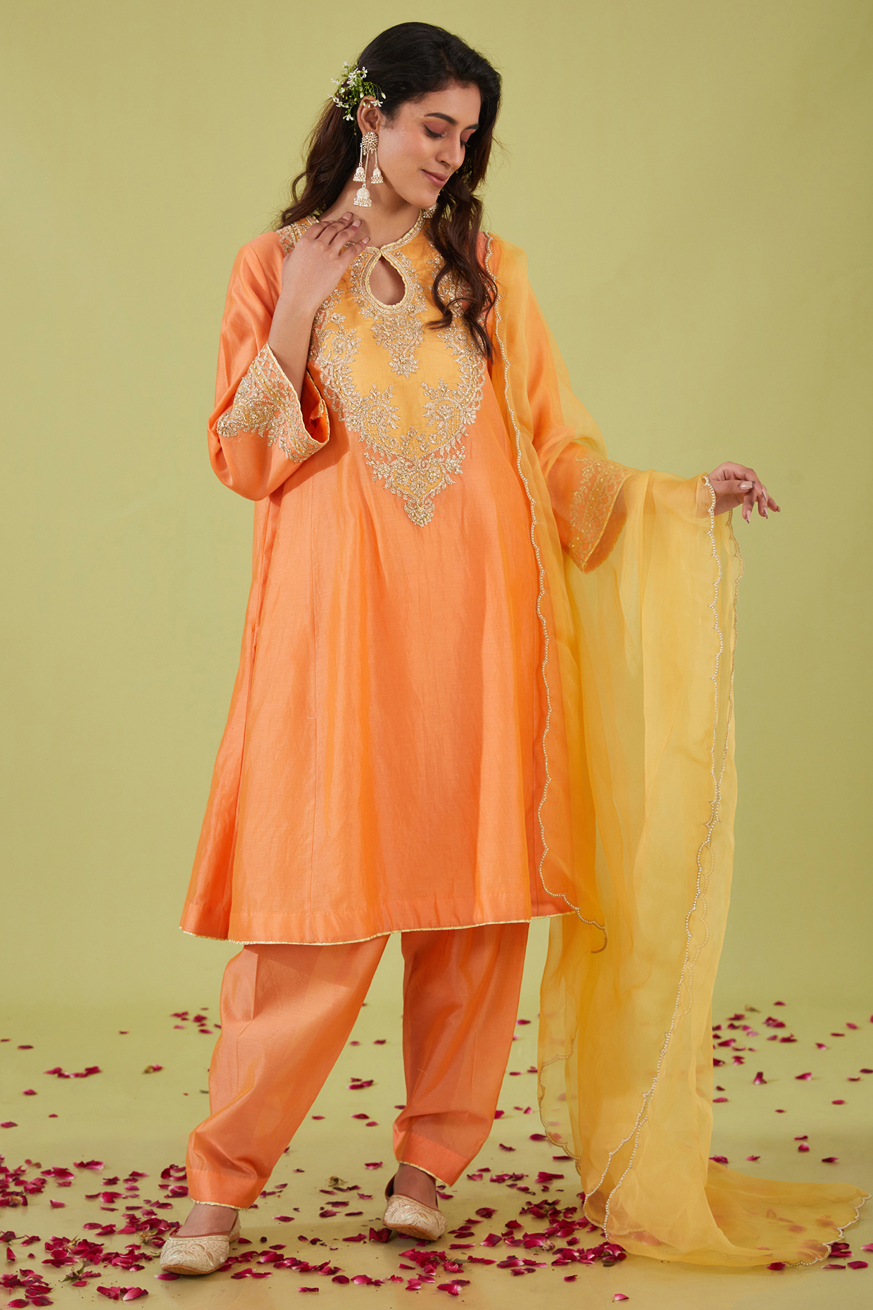 Peach Chanderi Sequins Embroidered Short Kalidar Kurta Set by Preeti S Kapoor at Pernia's Pop Up Shop