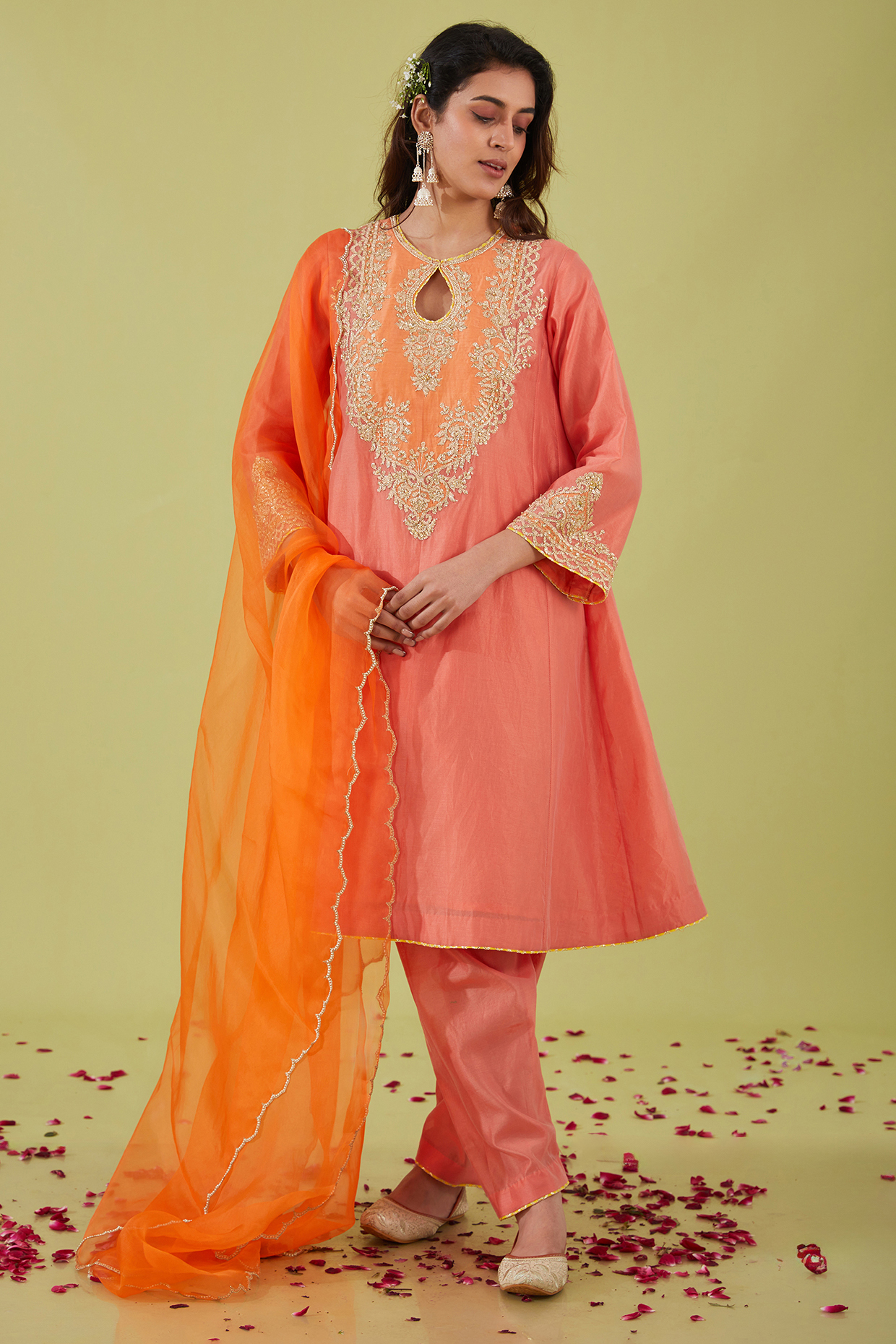 Rust-Pink Chanderi Sequins Embroidered Short Kalidar Kurta Set by Preeti S Kapoor