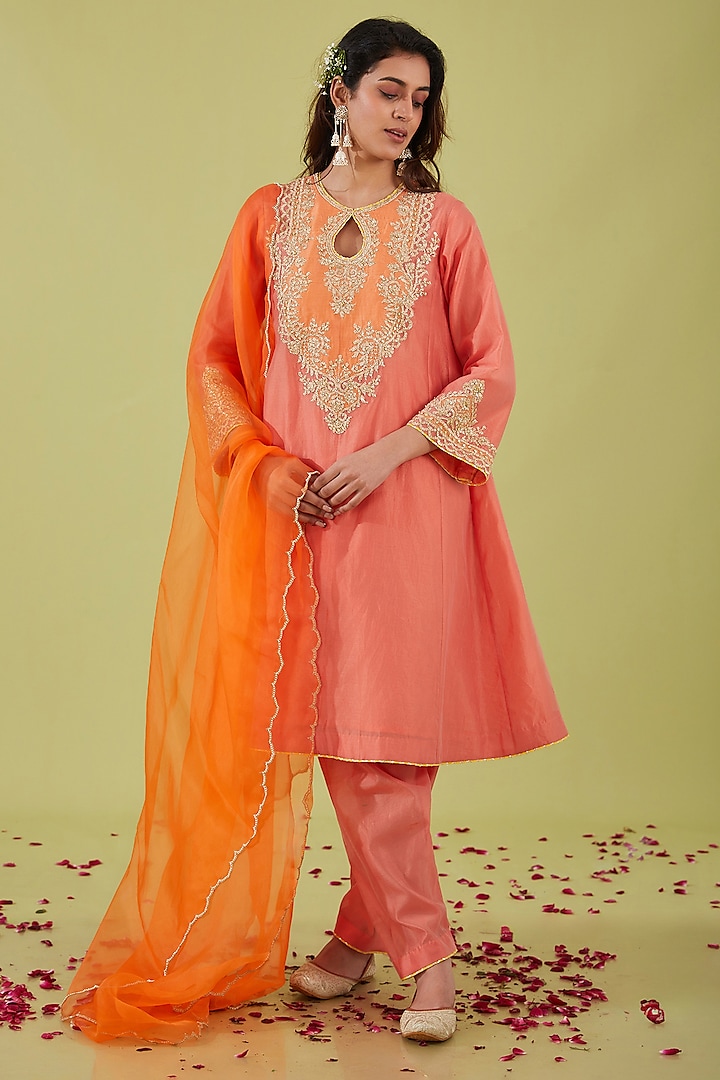 Rust-Pink Chanderi Sequins Embroidered Short Kalidar Kurta Set by Preeti S Kapoor