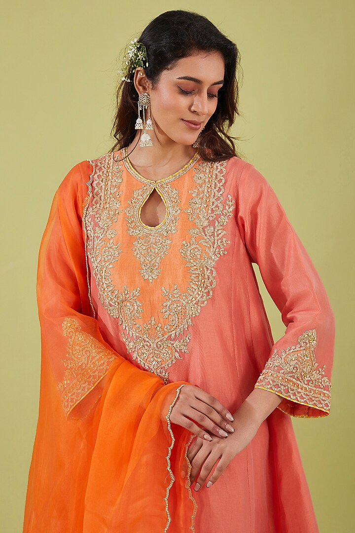 Rust-Pink Chanderi Sequins Embroidered Short Kalidar Kurta Set by saina kapoor at Pernia's Pop Up Shop
