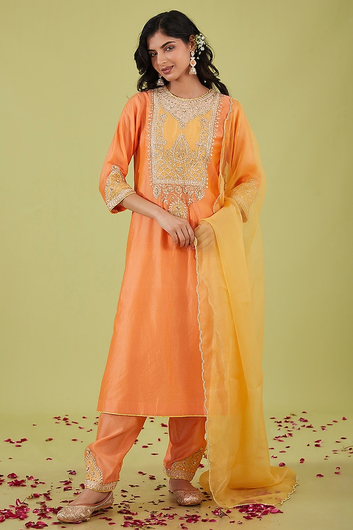 Peach Chanderi Sequins Embroidered Kurta Set by Preeti S Kapoor