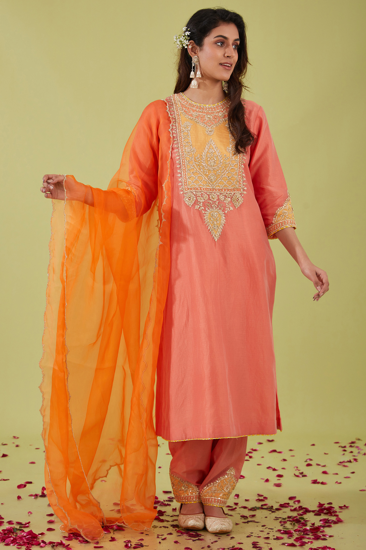 Rust Pink Chanderi Sequins Embroidered Kurta Set by Preeti S Kapoor