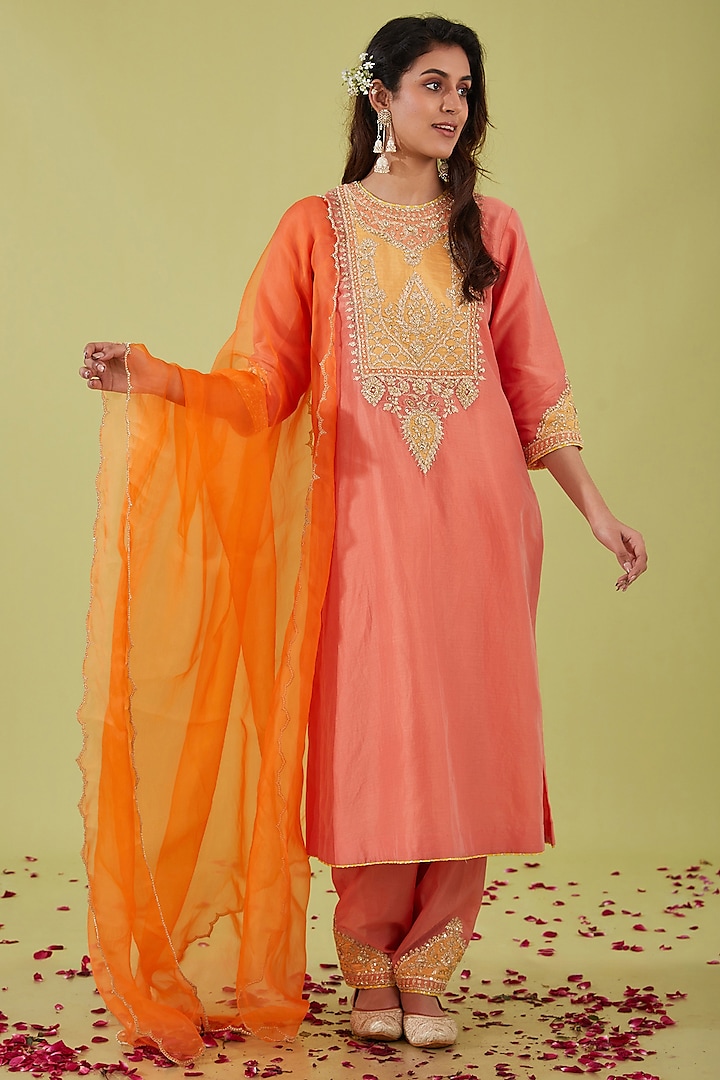 Rust Pink Chanderi Sequins Embroidered Kurta Set by Preeti S Kapoor