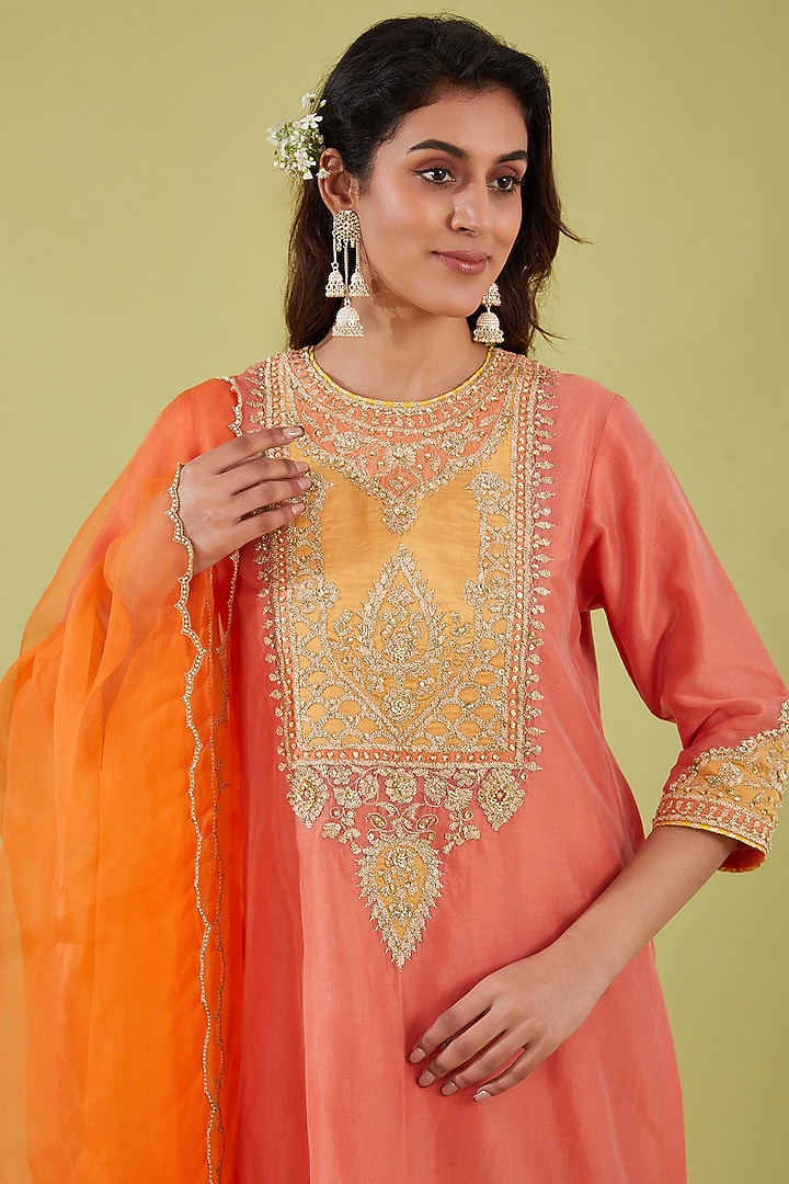 Rust Pink Chanderi Sequins Embroidered Kurta Set by saina kapoor at Pernia's Pop Up Shop