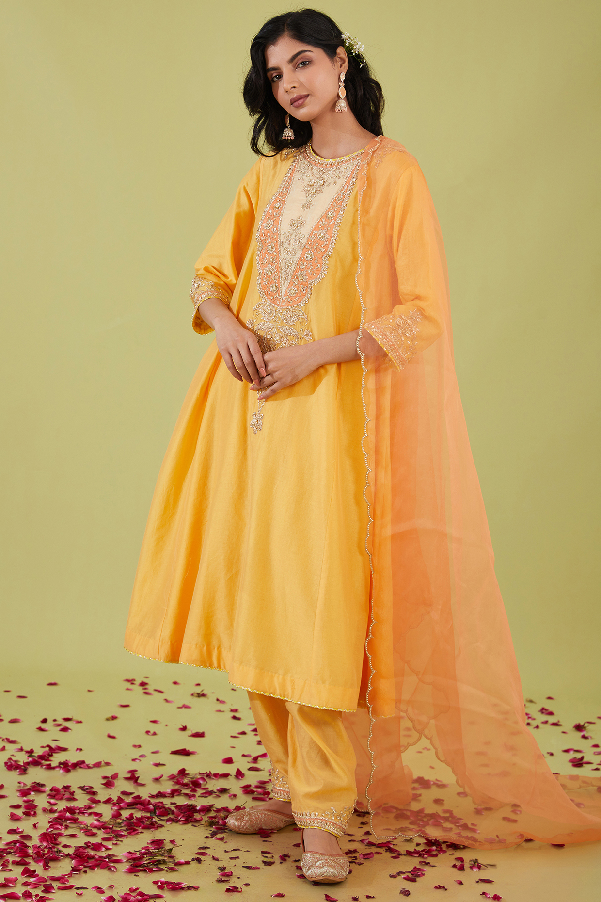 Yellow Chanderi Sequins Embroidered Kalidar Kurta Set by Preeti S Kapoor