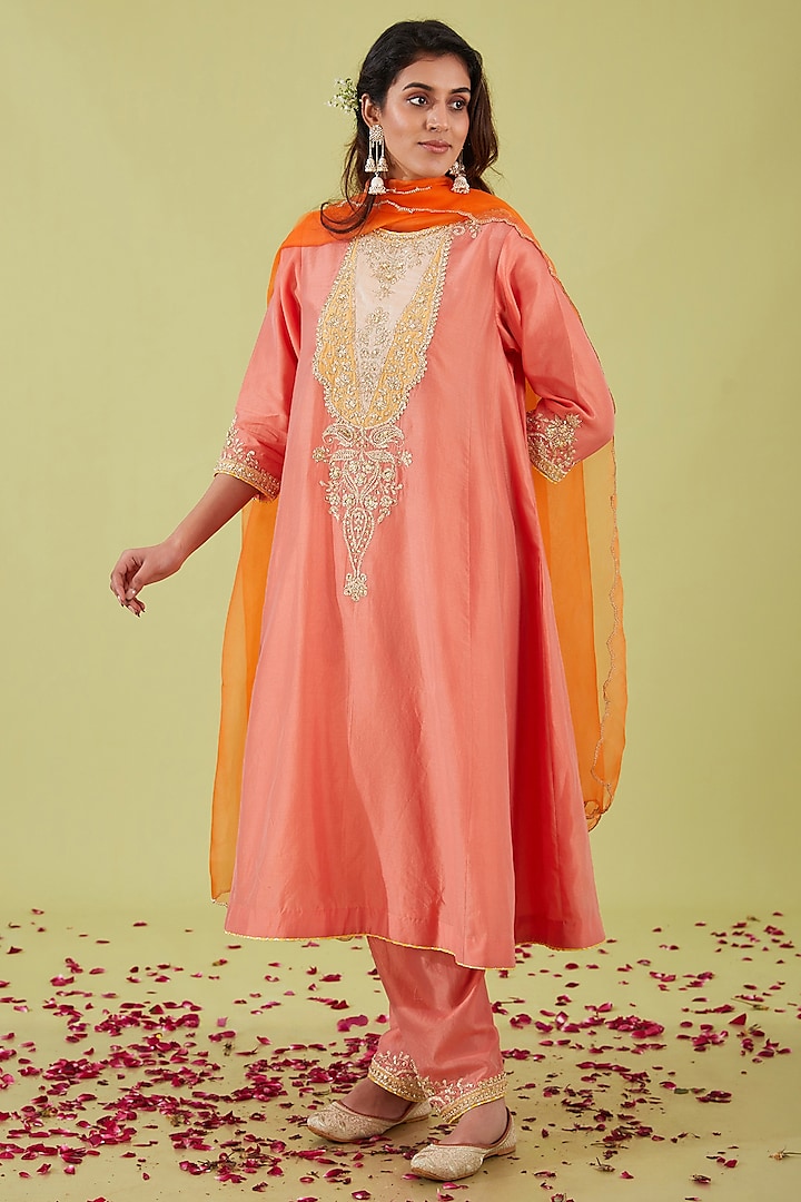 Rust Pink Chanderi Sequins Embroidered Kalidar Kurta Set by Preeti S Kapoor