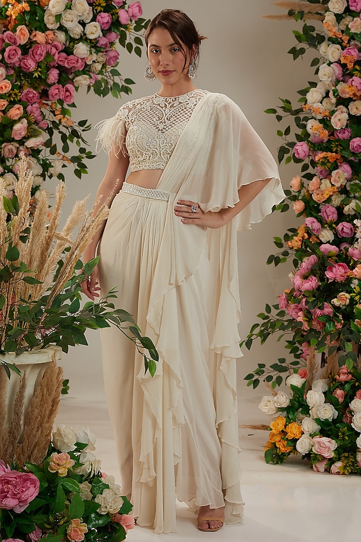 Cream Georgette Sequins Embroidered Draped Saree Set by Preeti S Kapoor
