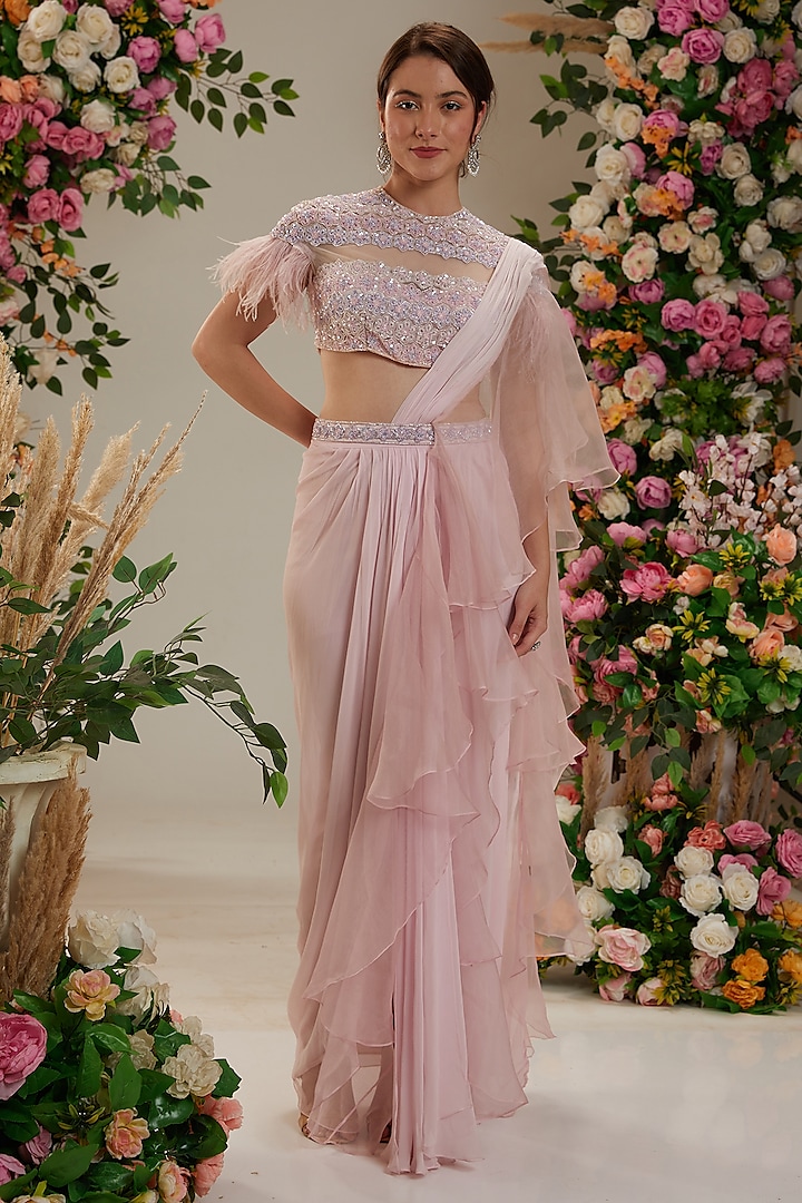 Pink Georgette Sequins Embroidered Draped Saree Set by Preeti S Kapoor at Pernia's Pop Up Shop