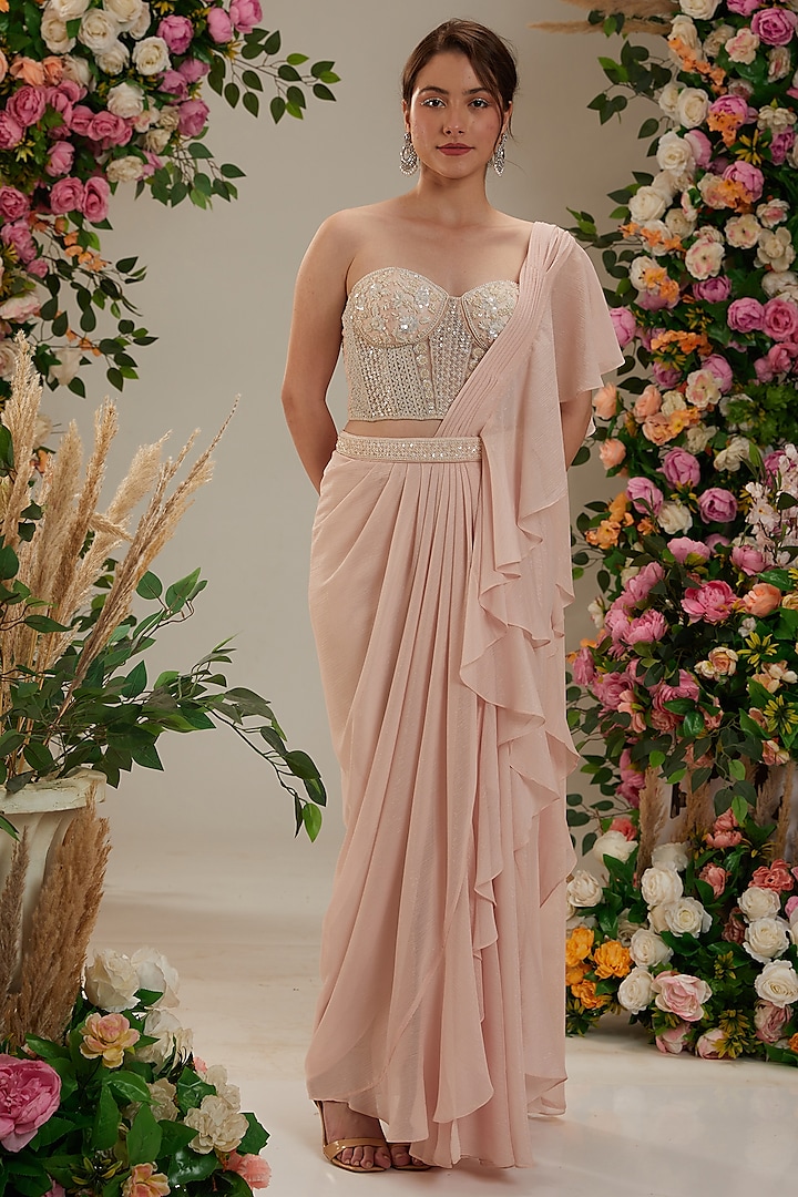 Pink Georgette Sequins Embroidered Draped Saree Set by Preeti S Kapoor at Pernia's Pop Up Shop