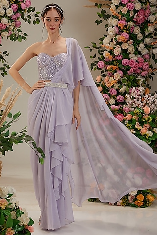 Mauve Georgette Sequins Embroidered Draped Saree Set by Preeti S Kapoor