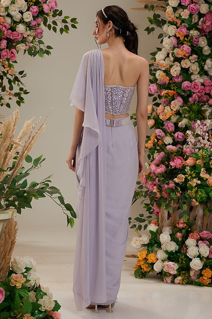 Mauve Georgette Sequins Embroidered Draped Wedding Saree Set by Preeti S Kapoor at Pernia's Pop Up Shop