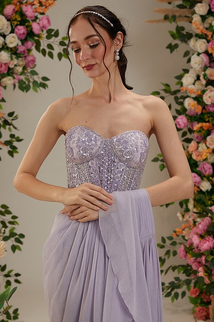 Mauve Georgette Sequins Embroidered Draped Wedding Saree Set by Preeti S Kapoor at Pernia's Pop Up Shop