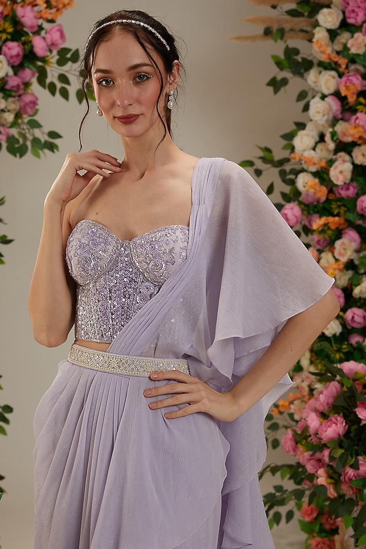 Mauve Georgette Sequins Embroidered Draped Wedding Saree Set by Preeti S Kapoor at Pernia's Pop Up Shop