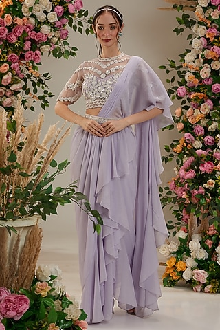 Mauve Georgette Sequins Embroidered Draped Saree Set by Preeti S Kapoor