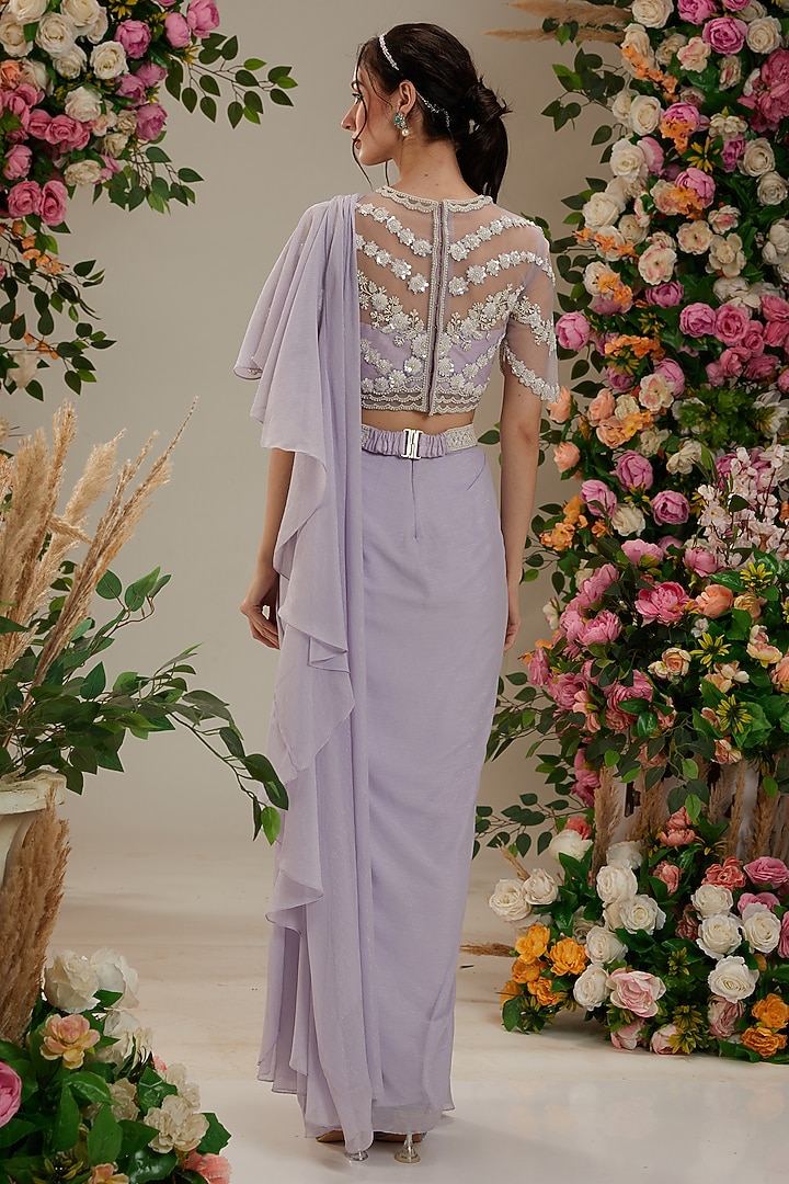 Mauve Georgette Sequins Embroidered Draped Wedding Saree Set by Preeti S Kapoor at Pernia's Pop Up Shop