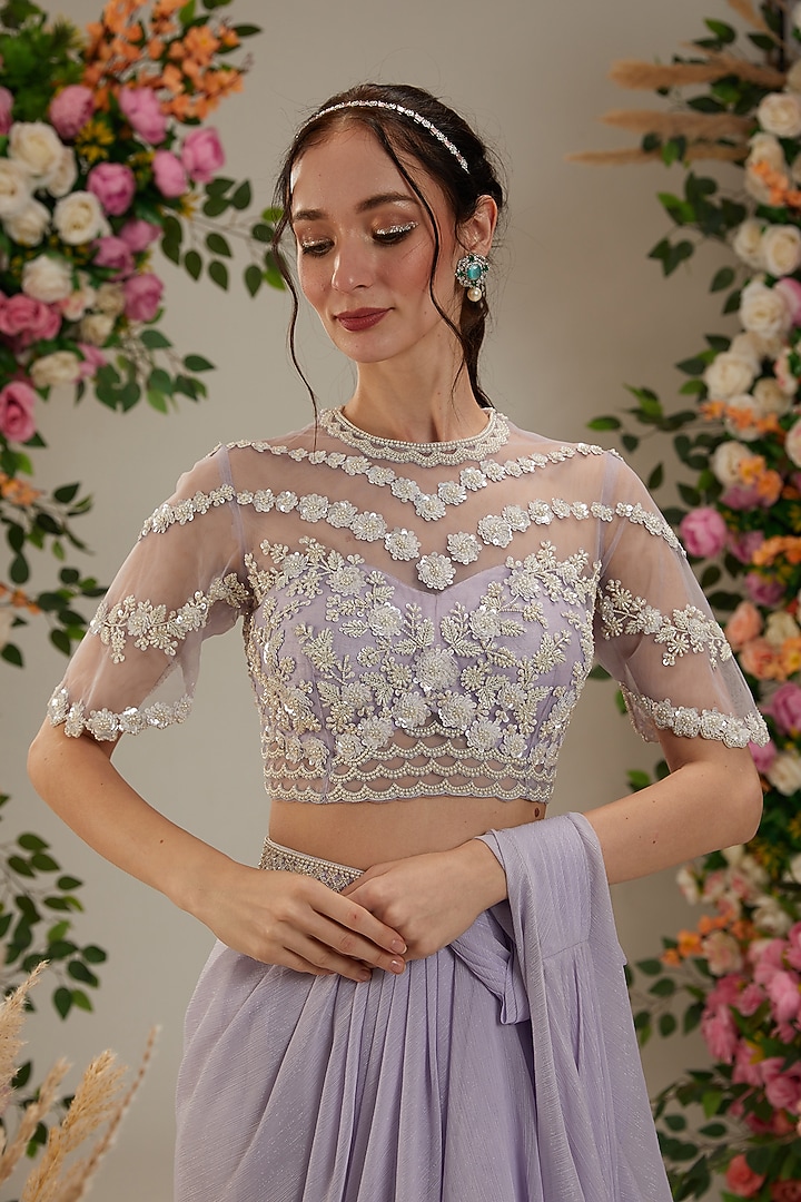 Mauve Georgette Sequins Embroidered Draped Wedding Saree Set by Preeti S Kapoor at Pernia's Pop Up Shop