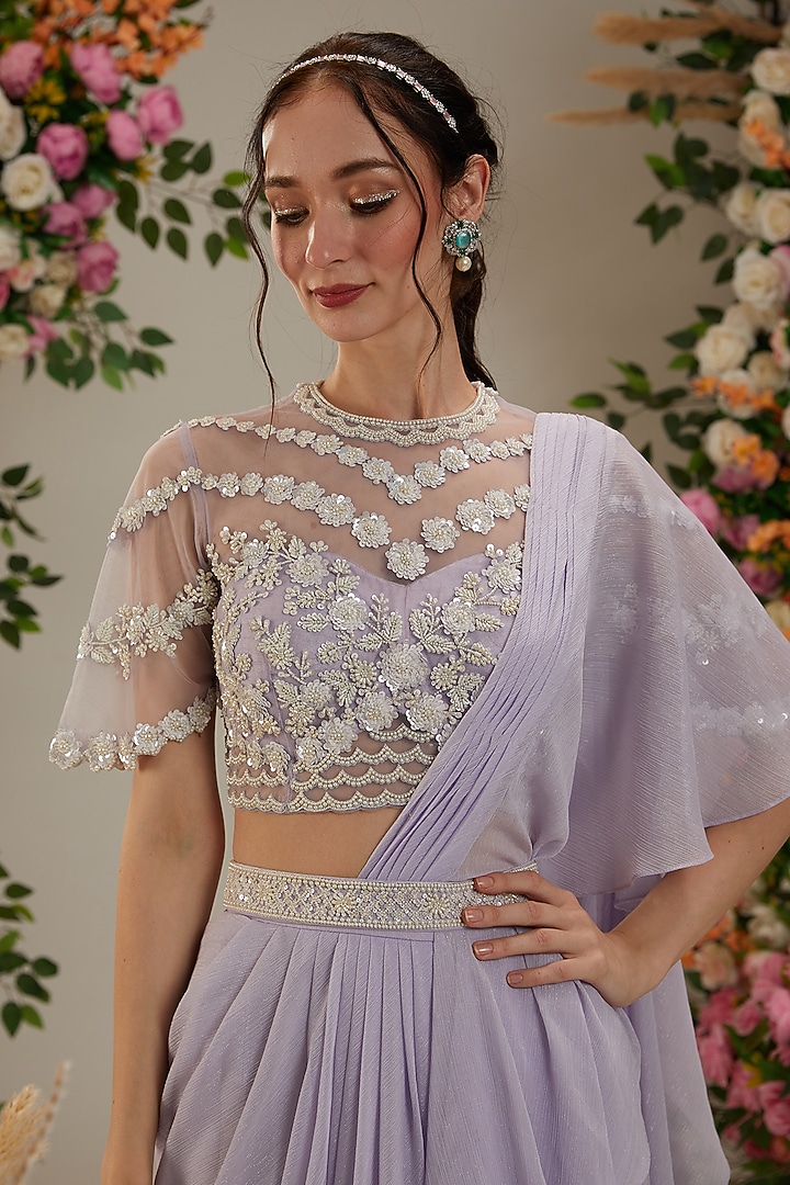 Mauve Georgette Sequins Embroidered Draped Wedding Saree Set by Preeti S Kapoor at Pernia's Pop Up Shop