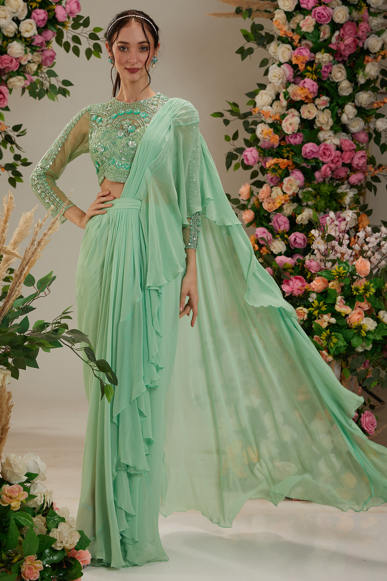 Green Georgette Sequins Embroidered Draped Wedding Saree Set by Preeti S Kapoor at Pernia's Pop Up Shop