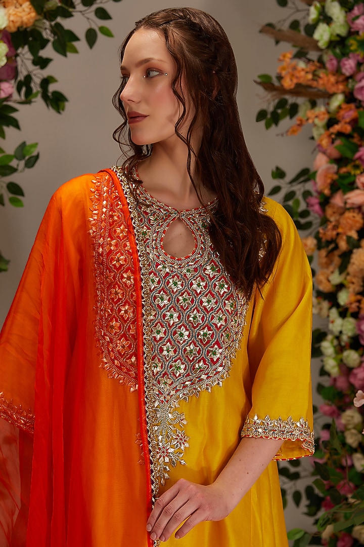 Yellow Chanderi Gota Work Kalidar Kurta Set by saina kapoor at Pernia's Pop Up Shop