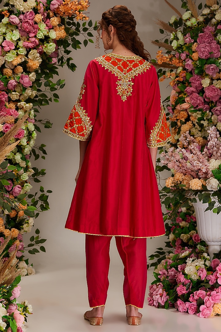 Fuchsia Pink Chanderi Gota Work Kalidar Kurta Set by saina kapoor at Pernia's Pop Up Shop