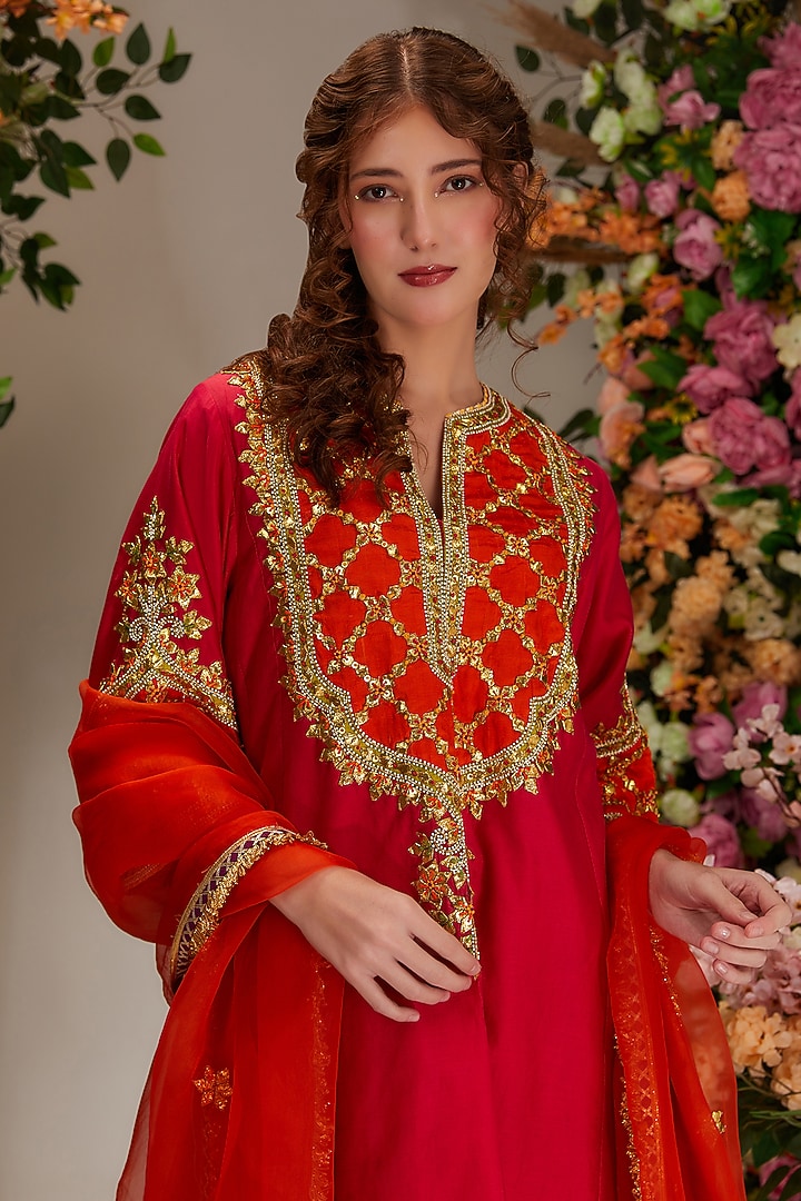 Fuchsia Pink Chanderi Gota Work Kalidar Kurta Set by saina kapoor at Pernia's Pop Up Shop