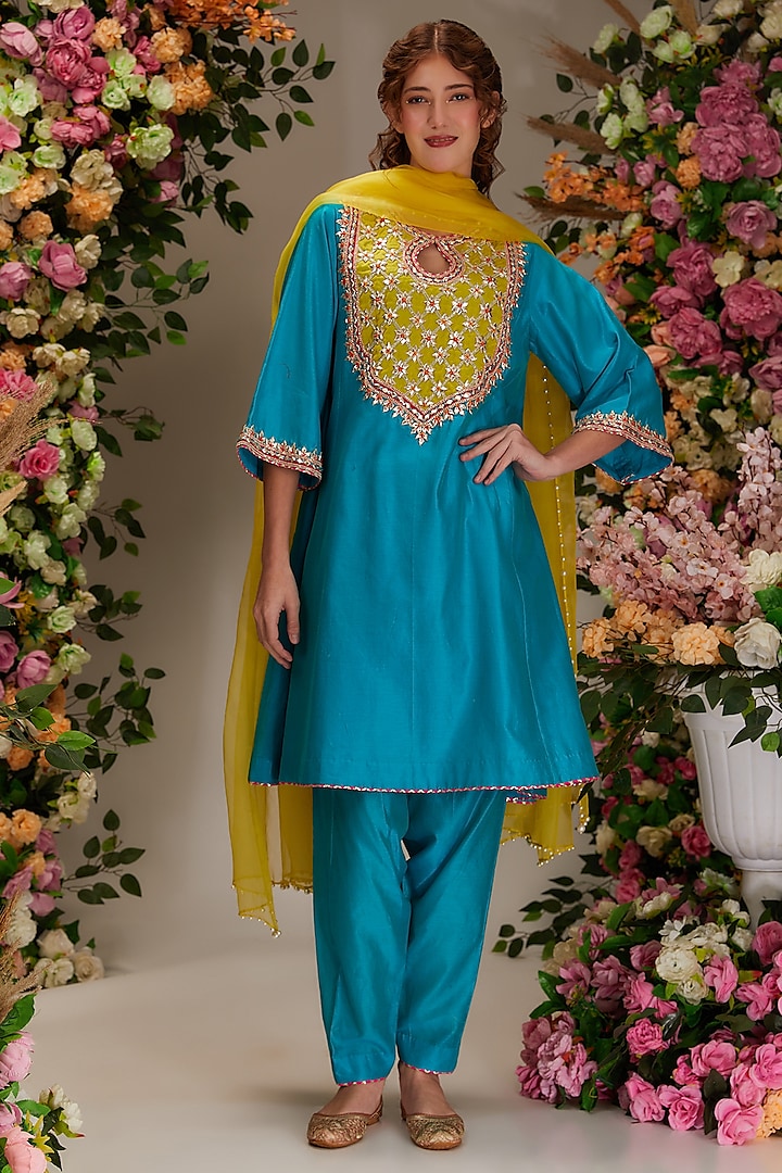 Turquoise Chanderi Hand Work Kalidar Kurta Set by Preeti S Kapoor at Pernia's Pop Up Shop