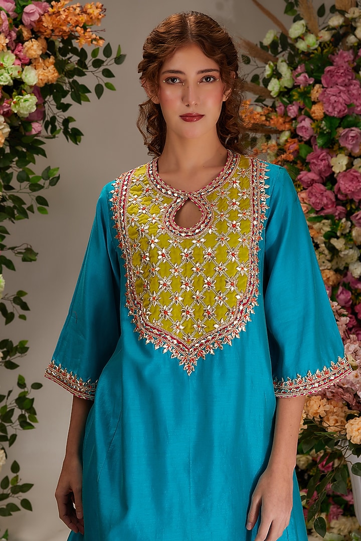 Turquoise Chanderi Hand Work Kalidar Kurta Set by saina kapoor at Pernia's Pop Up Shop