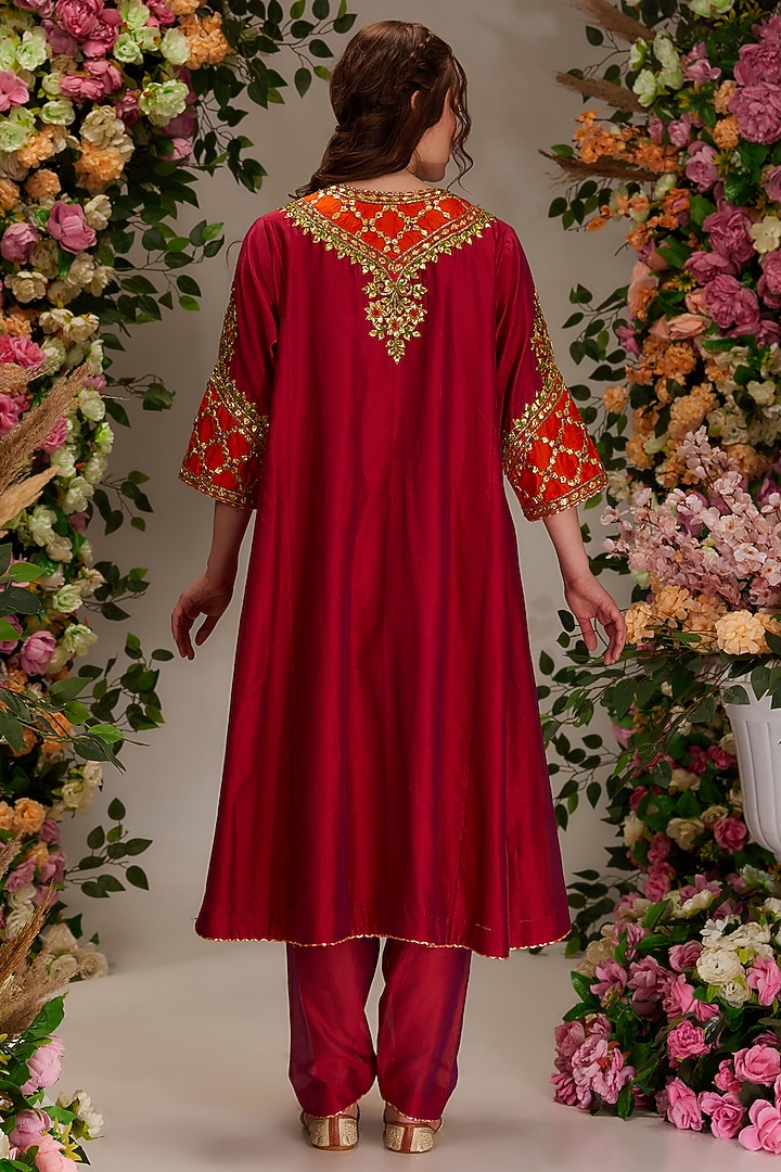 Plum Chanderi Hand Work Kalidar Kurta Set by saina kapoor at Pernia's Pop Up Shop