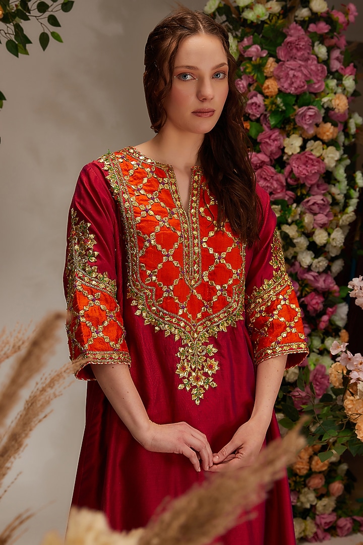 Plum Chanderi Hand Work Kalidar Kurta Set by saina kapoor at Pernia's Pop Up Shop